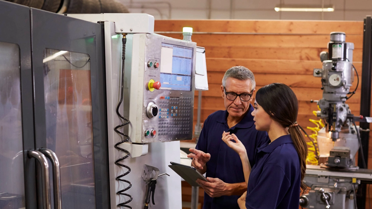 Ein Ausbilder und eine Auszubildende stehen vor einer Maschine.