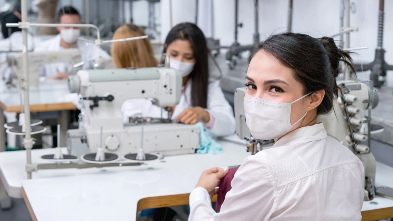 Arbeiterin, die in einer Textilfabrik arbeitet und Kleidung näht 