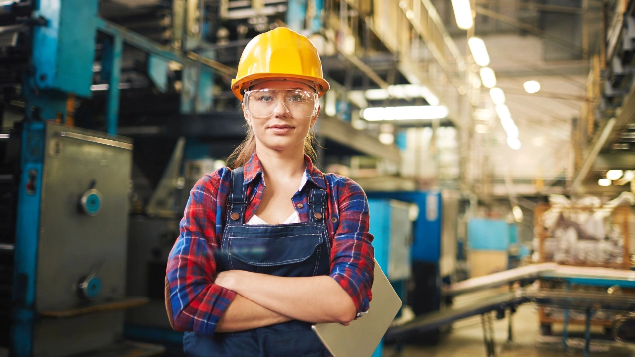 junge Frau mit Arbeitshelm steht in einer Fabrikhalle