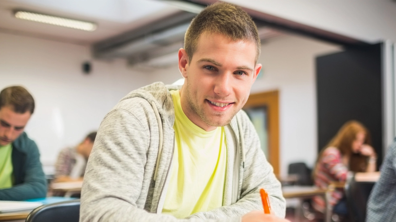 Student sitzt an einem Tisch im Seminarraum und macht sich Notizen.