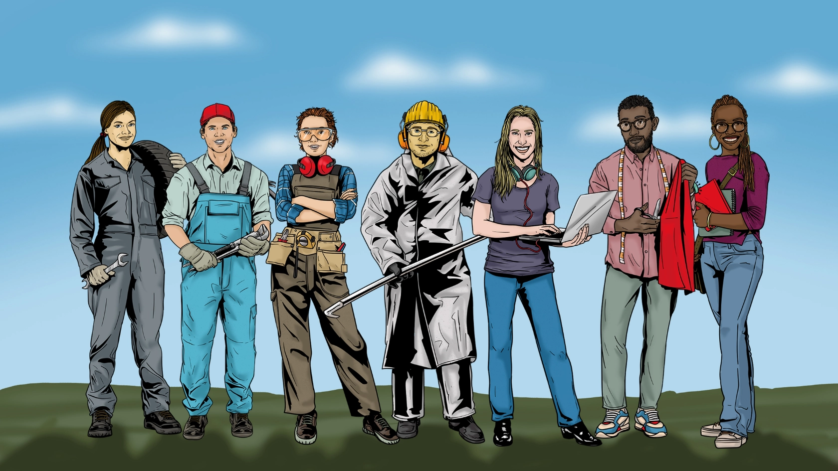 Illustration zeigt Auszubildende verschiedener IG Metall-Branchen.