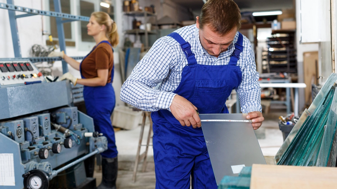 Glaser prüft Glasgröße mit Maßband