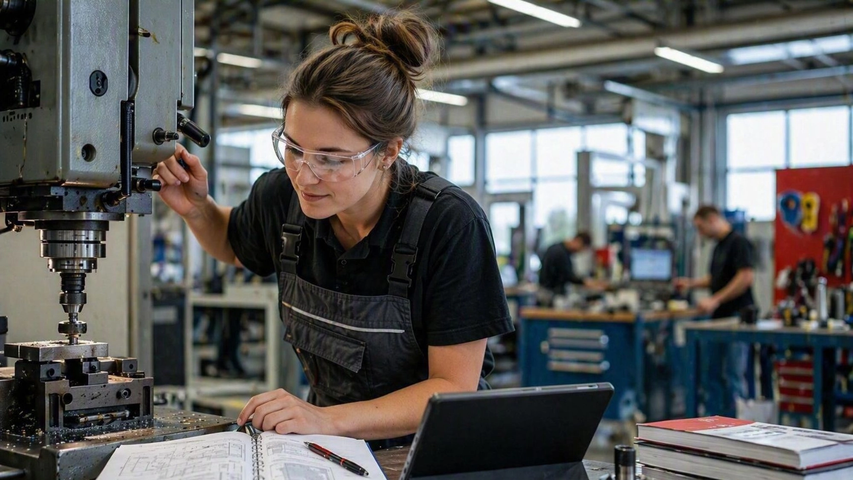 Frau an Bohrmaschine lernt bei der Arbeit