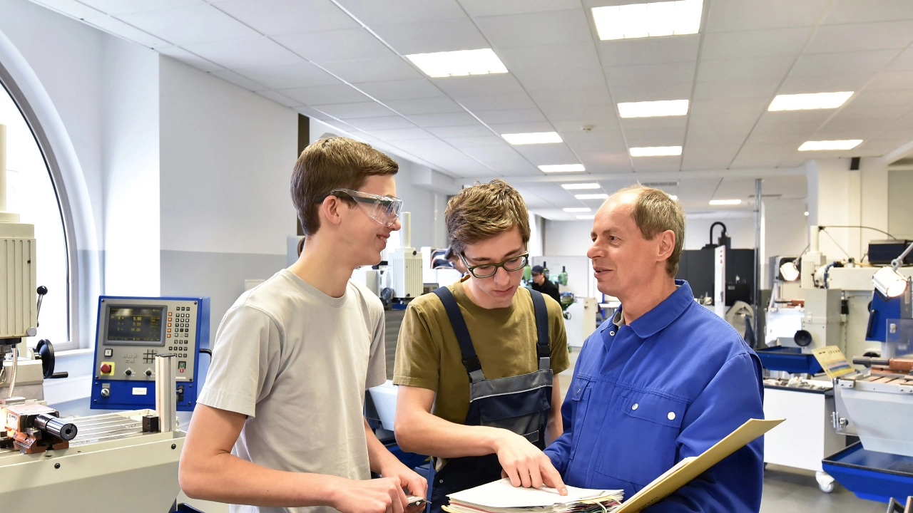 Gruppe von Jugendlichen in der technischen Berufsausbildung mit Lehrer