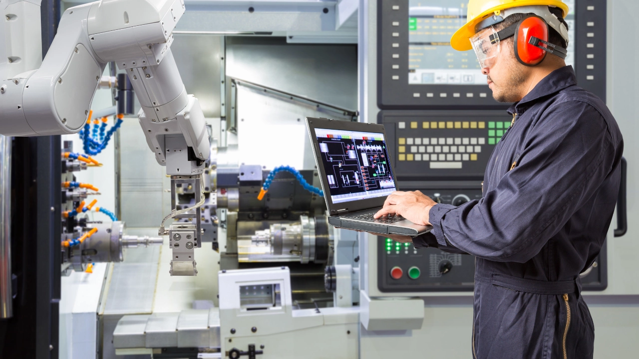 Ingenieur mit Laptop für die automatische Wartung 