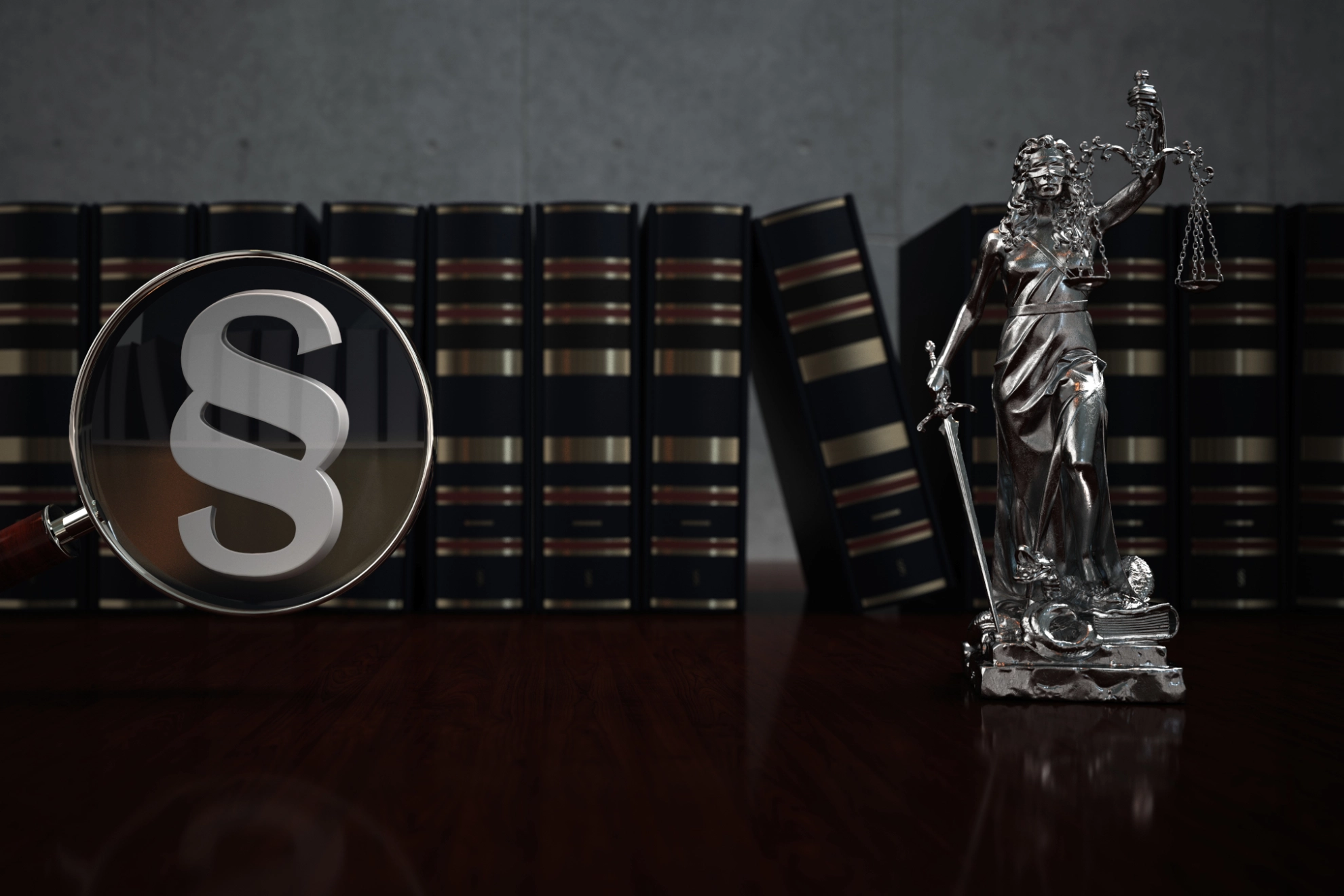 Ein Paragraph unter einer Lupe steht vor einer Reihe an Rechtstexten in Buchform, daneben eine kleine Statue von Justitia