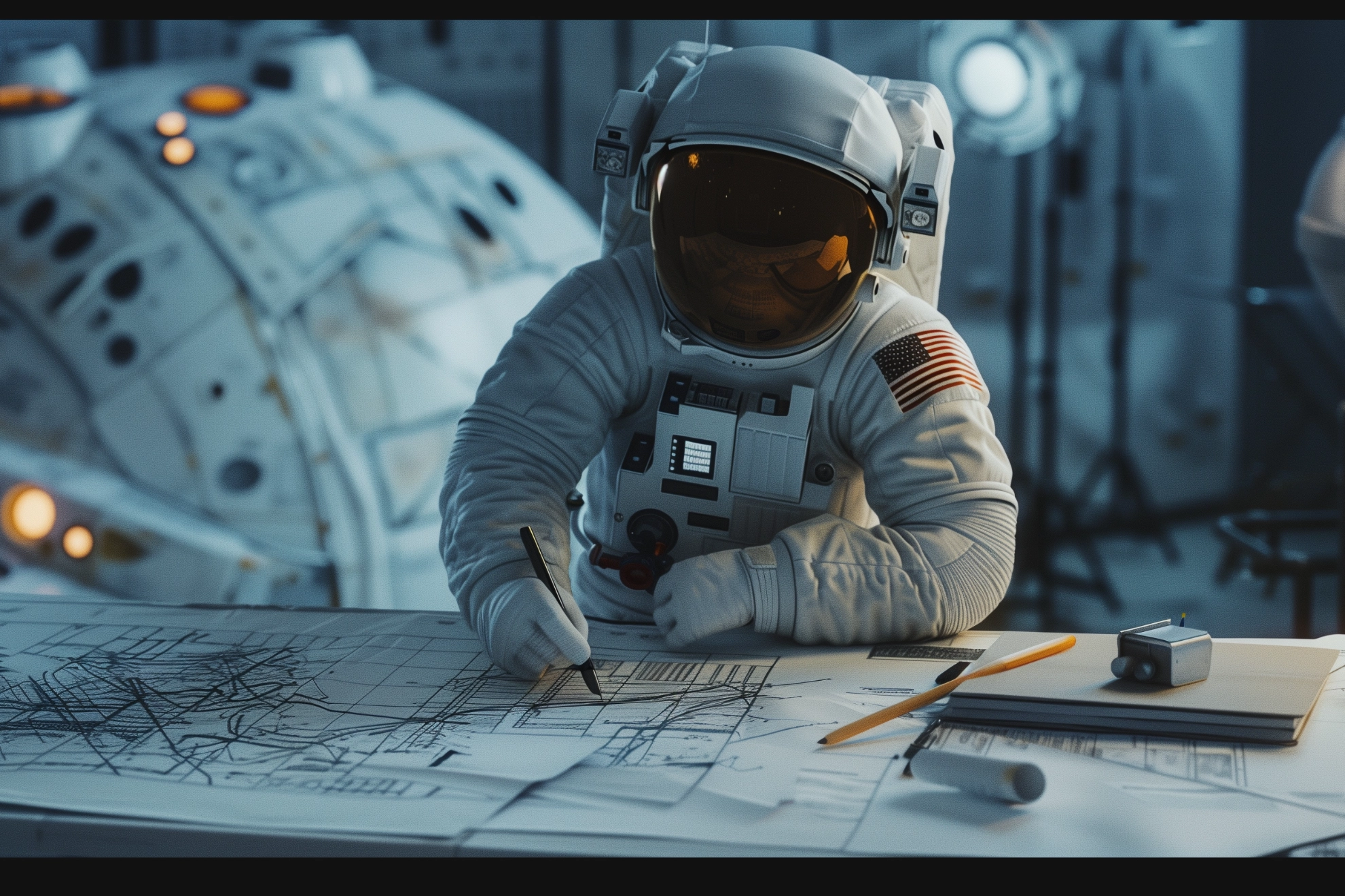 Ein fotorealistisches Bild eines Astronauten, der konzentriert vor detaillierten Plänen steht. Im Hintergrund ist eine runde technische Anlage mit leuchtenden Lichtern zu sehen, die eine futuristische Atmosphäre schafft.<br/><br/>Der Astronaut ist tief in seine Arbeit vertieft, seine Augen fixieren die Pläne, während er über die notwendigen Schritte zur Wartung und Instandsetzung nachdenkt. Die Lichter der Anlage werfen ein sanftes Leuchten auf seine Ausrüstung, was die Bedeutung und Dringlichkeit seiner Aufgabe unterstreicht.<br/><br/>In diesem Moment durchströmen ihn verschiedene Emotionen. Da ist die Entschlossenheit, die ihn antreibt, jedes Detail genau zu prüfen, um Fehler zu vermeiden. Die Vorfreude auf die erfolgreiche Durchführung der Wartungsarbeiten mischt sich mit einem Hauch von Nervosität, denn er weiß, dass das Leben seiner Crew von seiner Präzision abhängt.<br/><br/>In diesen Momenten der Konzentration fühlt er auch eine tiefe Verbundenheit mit seiner Mission und den Menschen, die auf der Erde auf seine Rückkehr warten. Die Pläne vor ihm sind nicht nur technische Zeichnungen, sondern Symbole für die Hoffnung und den Fortschritt der Menschheit. Mit jedem Atemzug im Raumanzug erinnert er sich daran, warum er diese Reise angetreten hat – um die Grenzen des Möglichen zu erweitern und die Zukunft der Raumfahrt zu sichern.