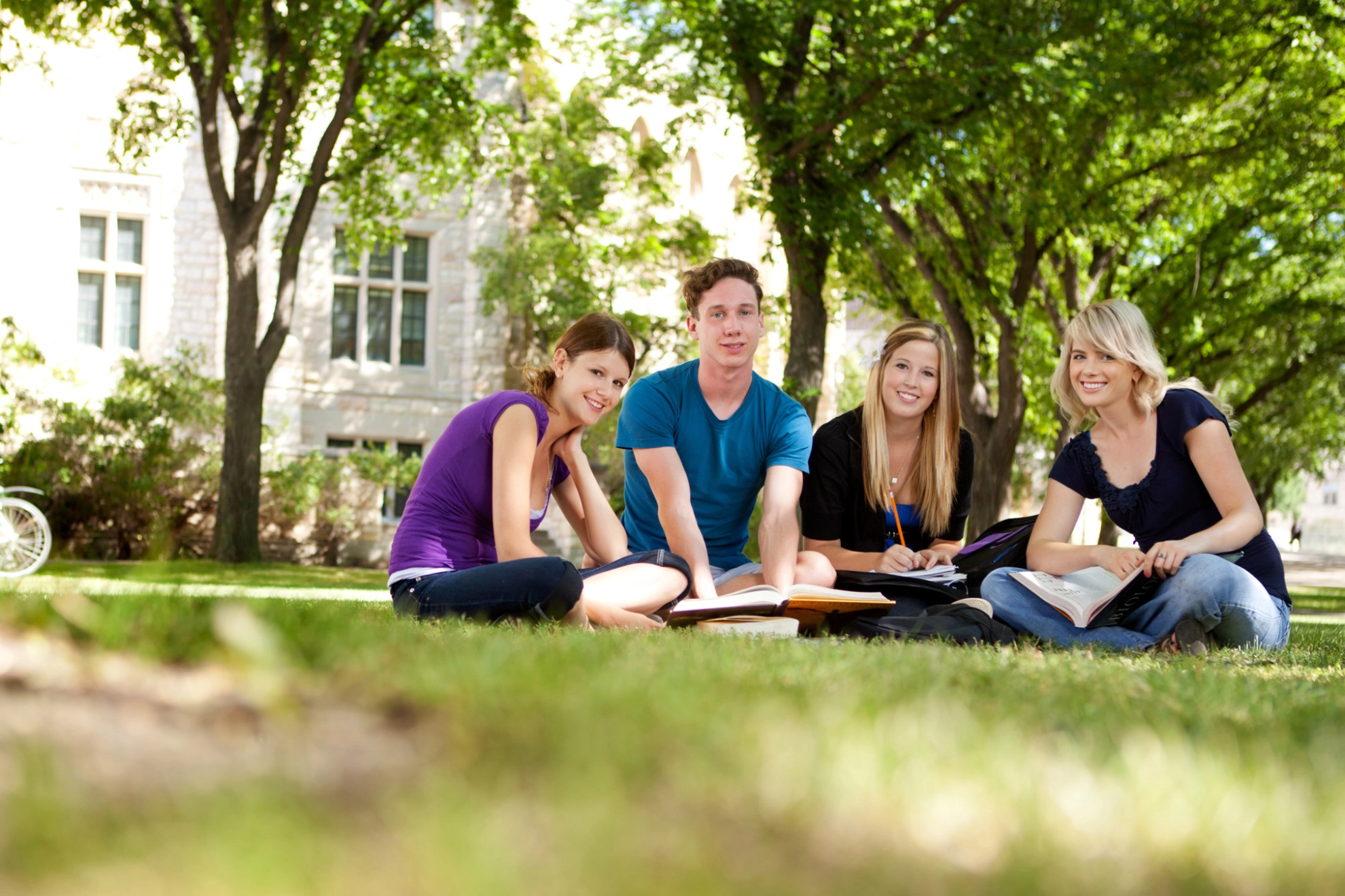 Drei Studentinnen und ein Student sitzen mit Büchern auf einer Wiese und blicken lächelnd in die Kamera.