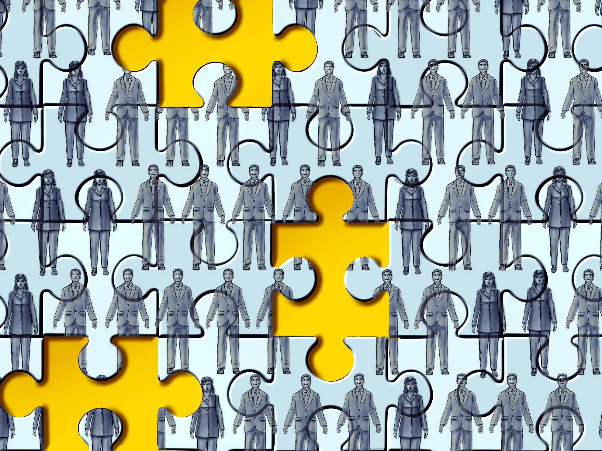 Missing employees and worker shortage or labour shortages as as employers are looking for needed workers and workforce job vacancies concept on a puzzle background in a 3D illustration style.