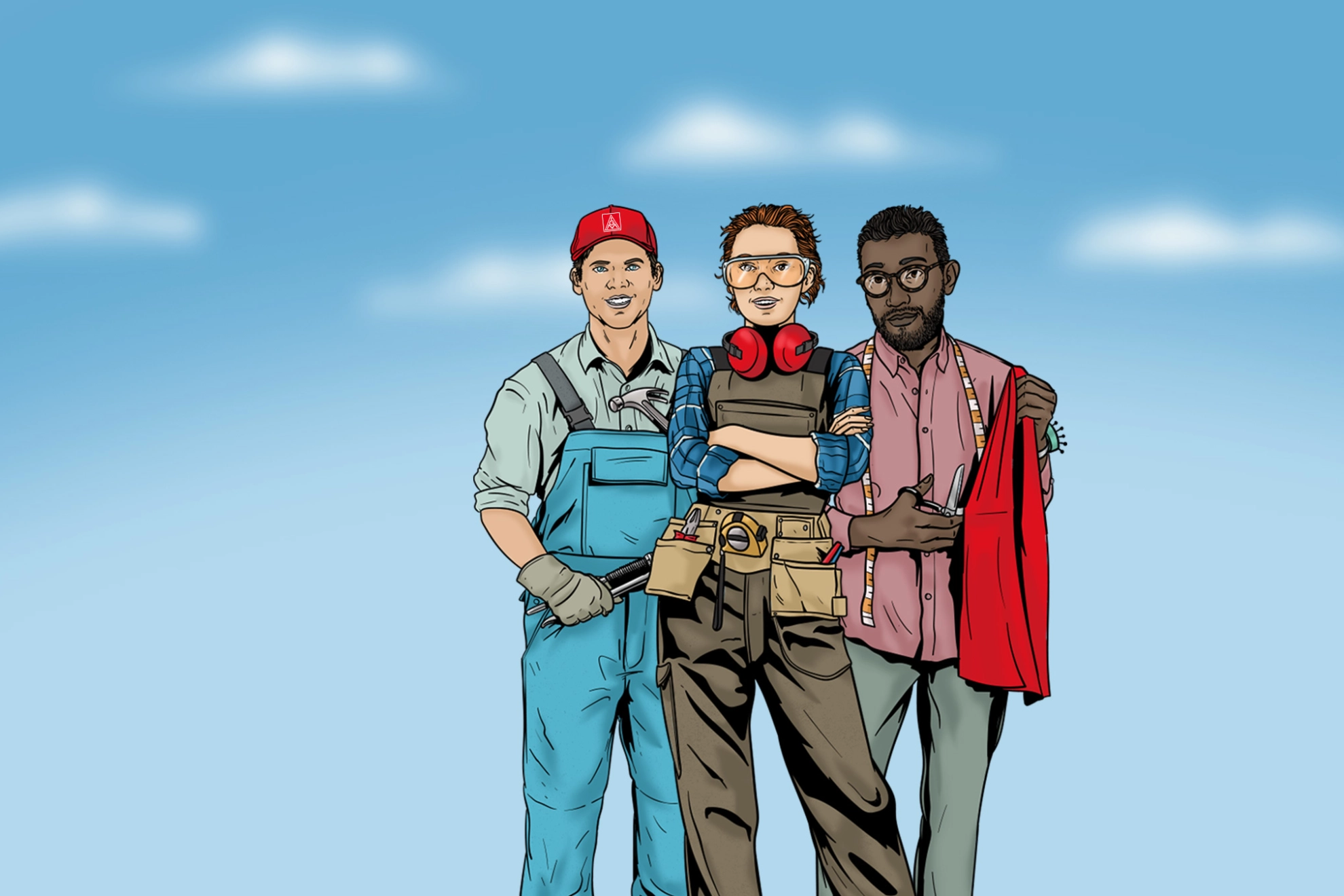 Anlagenmechaniker, Tischlerin und Modeschneider: Illustration zeigt drei Auszubildende aus den Handwerksbranchen der IG Metall.