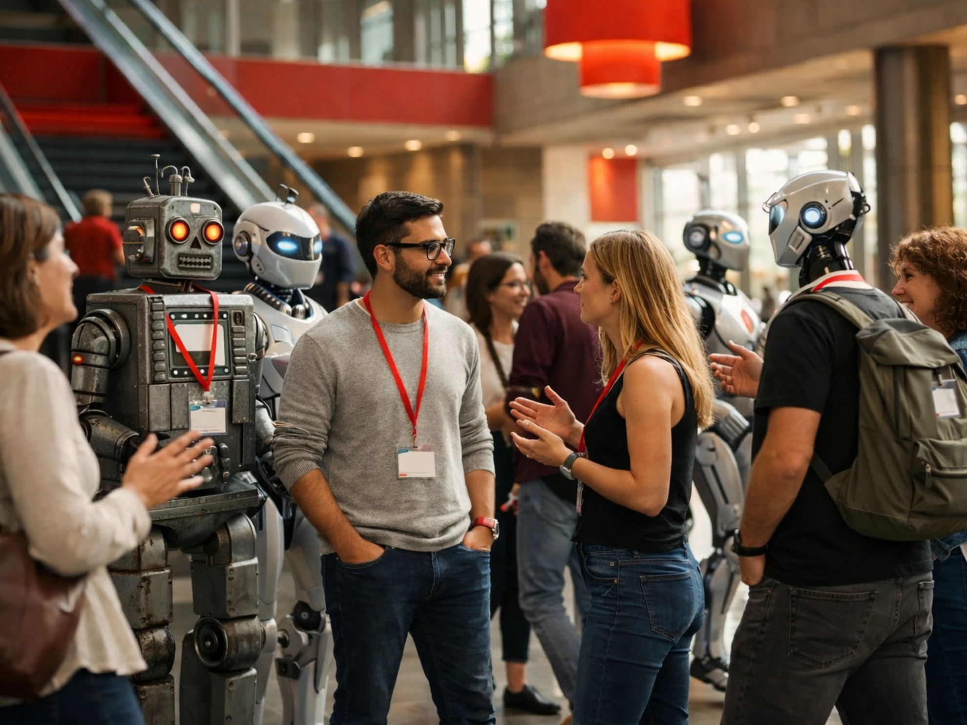 Das Bild zeigt eine Gruppe von Menschen und mehreren humanoiden Robotern, die in einer offenen Innenraumumgebung miteinander interagieren. Die Szene wirkt wie ein Technik- oder Innovations­event, erkennbar an Namensschildern und Messebändern, die die Personen tragen. Im Vordergrund stehen zwei Menschen in lebhafter Unterhaltung mit zwei unterschiedlich gestalteten Robotern; einer besitzt ein kantiges Metallgehäuse mit leuchtenden Augen, ein anderer hat ein glattes, futuristisches Design mit weiß-blauen Oberflächen. Weitere Personen und Roboter sind im Hintergrund sichtbar, teilweise in kleineren Gesprächssituationen. Die Architektur der Halle ist modern mit großen Fensterflächen, Betonwänden, roten Deckenelementen und Rolltreppen. Die Beleuchtung ist hell und gleichmäßig, wodurch Details der Robotik und Kleidung gut erkennbar sind. Die Perspektive befindet sich auf Augenhöhe, was den Eindruck eines alltäglichen, offenen Austauschs verstärkt. Die Komposition ist ausgewogen, mit einem Schwerpunkt auf den Interaktionen zwischen Mensch und Maschine. Optional ließe sich interpretieren, dass die Szene einen Austausch über Zukunftstechnologien oder Robotikanwendungen darstellen könnte.