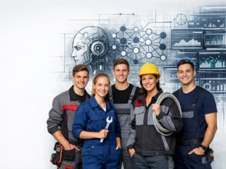 Das Bild zeigt eine Gruppe von sechs Personen in Arbeitskleidung, die in einer Reihe vor einer wandfüllenden technischen Illustration stehen. Die Kleidung umfasst verschiedene Overalls und Arbeitsjacken in Blau, Grau, Schwarz und Rot; eine Person trägt zudem einen gelben Schutzhelm, eine andere hält ein Bündel Kabel, eine weitere einen großen Schraubenschlüssel. Die Personen stehen frontal zur Kamera, leicht gestaffelt, und wirken als gemeinsames Team. Ihre Kleidung weist auf unterschiedliche Tätigkeitsbereiche innerhalb eines technischen oder handwerklichen Umfelds hin, ohne dass konkrete Rollen eindeutig erkennbar sind.<br/><br/><br/>Der Hintergrund besteht aus einer grafischen Montage mit einem stilisierten humanoiden KI‑Kopfprofil, abstrahierten Netzwerkstrukturen, Verbindungslinien und technischen Diagrammen. Ergänzt wird dies durch Datenvisualisierungen wie Balken‑ und Liniendiagrammen, die einen Bezug zu Digitalisierung, Automatisierung und technologischer Entwicklung herstellen. Die Darstellung ist in kühlen Blau‑ und Grautönen gehalten und vermittelt einen futuristischen, technikorientierten Eindruck. Die Beleuchtung im Vordergrund ist gleichmäßig und neutral, wodurch die Personen klar erkennbar sind, während der Hintergrund bewusst illustrativ und flächig gestaltet bleibt.<br/>Optional interpretiert könnte das Bild ein Team symbolisieren, das im Kontext moderner Industrie, technischer Innovation oder digital unterstützter Arbeitsprozesse zusammenarbeitet. Die Kombination aus realen Personen und grafischen Elementen deutet auf Schnittstellen zwischen menschlicher Arbeit und technologischen Systemen hin.