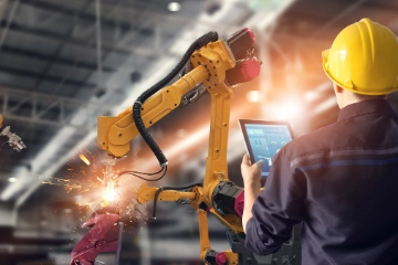 Ingenieur steuert mit Tablet einen Schweißroboter