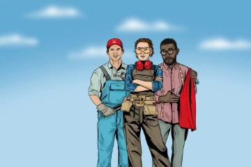 Anlagenmechaniker, Tischlerin und Modeschneider: Illustration zeigt drei Auszubildende aus den Handwerksbranchen der IG Metall.