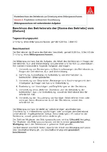 Musterbeschluss Bildungsausschuss des Betriebsrates
